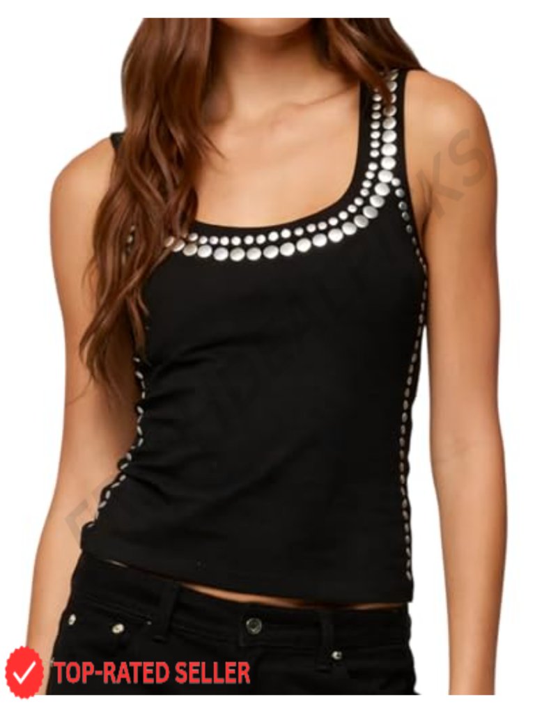 Studded Rivet Trim Crop Tank Top Sleeveless Going Out Club Top Streetwear